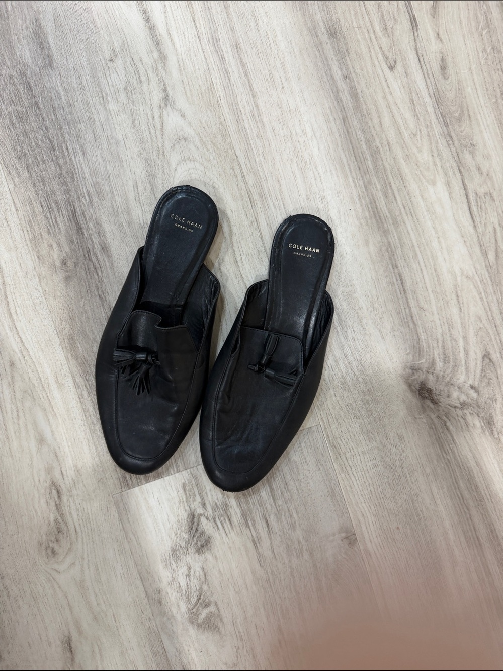 Cole Haan Black Leather Tassel Backless Loafers 10.5